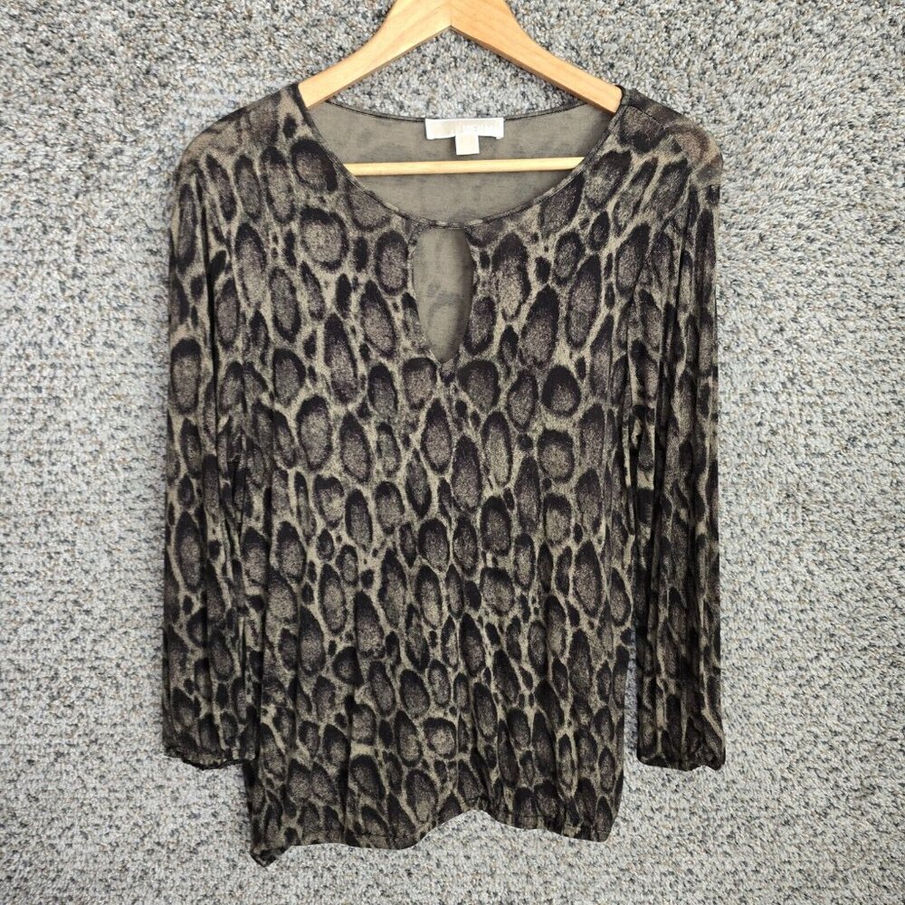 Michael Kors Top Womens Medium Green Animal Print Keyhole Neck Semi Sheer Tee